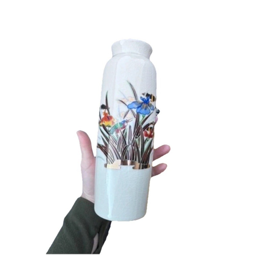 Decorative Japanese Porcelain Vase Multi Floral Bird Design Crackled Glaze‎